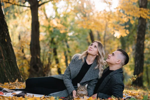 Hermosa Pareja Joven Descansando Parque Otoño Concepto Otoño Amar Pareja — Foto de Stock