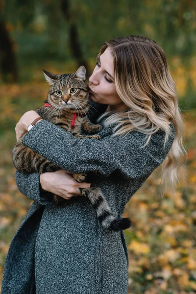 Chica Gato Otoño Park Mujer Suéter Marrón Caminando Con Gato — Foto de Stock