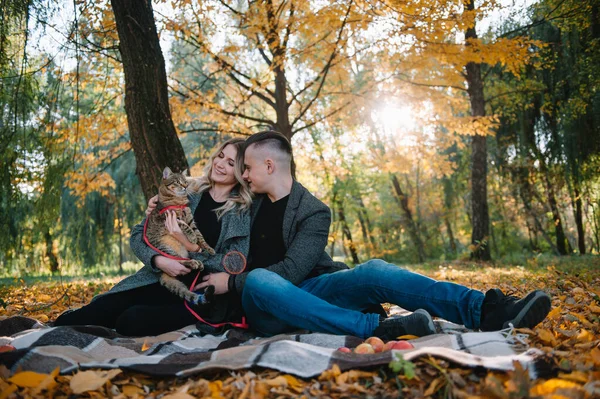 Hermosa Pareja Joven Descansando Parque Otoño Concepto Otoño Amar Pareja — Foto de Stock