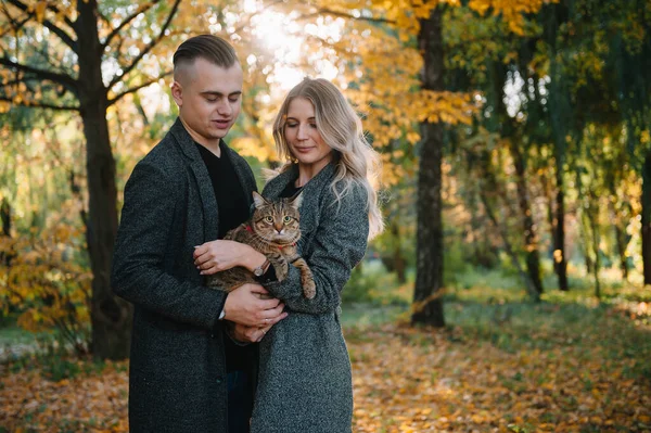 Jeune Couple Amoureux Repose Dans Parc Automne Homme Embrasse Une — Photo