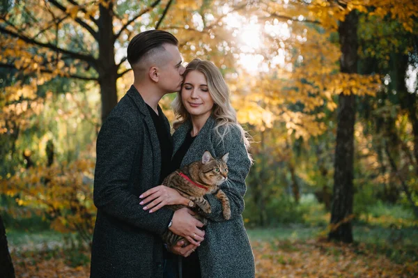 美しい若いカップルが秋の公園で休んでいます 秋のコンセプト カップルを愛します休む彼らの猫 — ストック写真