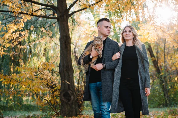 Güz parkında dinlenen genç ve güzel bir çift. Sonbahar konsepti. Sevgili çift kedileriyle dinleniyor..