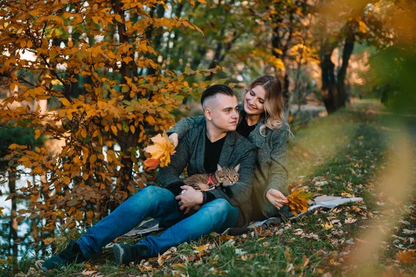 Belo Jovem Casal Descansando Parque Outono Conceito Outono Casal Amoroso — Fotografia de Stock