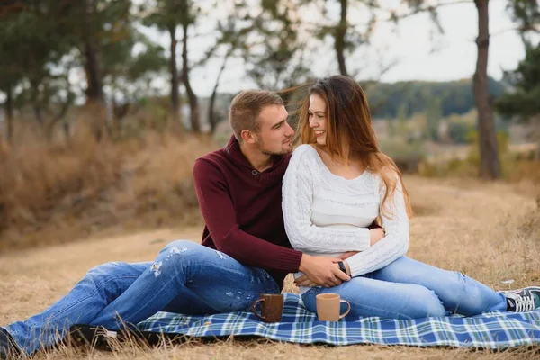 Coppia Innamorata Sdraiata Una Coperta Picnic Parco Godendo Una Bella — Foto Stock