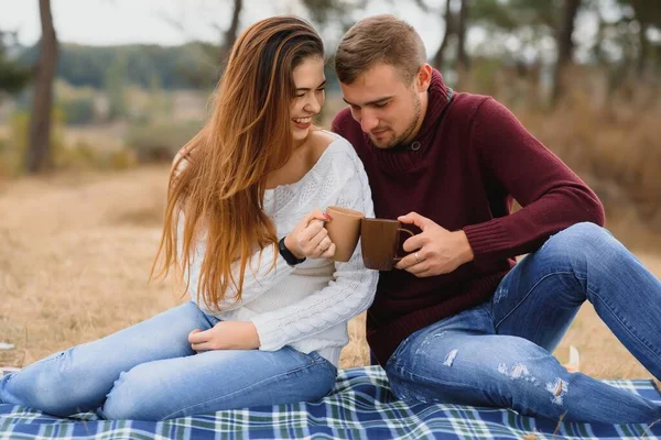 晴れた日に公園で屋外でデート愛の幸せなカップルの肖像画 自然の背景でピクニック中に草の上に毛布の上に横たわっているロマンチックなカップル バレンタインデー幸せな関係 — ストック写真