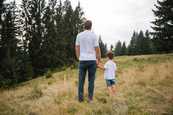 Randonnée Pédestre Père Enfant Dans Les Montagnes Pittoresques Papa Fils — Photo