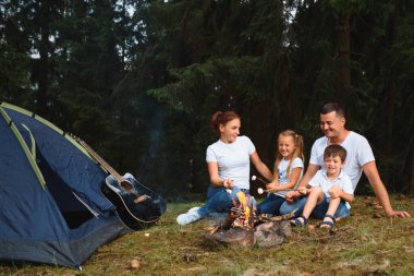 Aile kampı ve kamp ateşinde yemek yapmak.