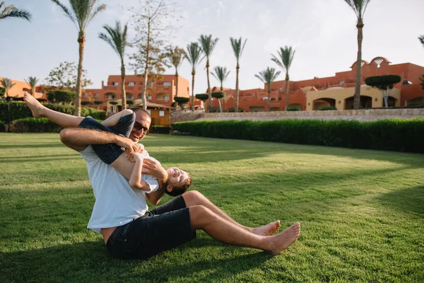 Handsome Dad His Little Cute Son Having Fun Playing Green — Stock Photo, Image