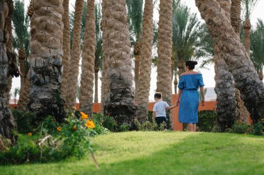 Şık bir anne ve yakışıklı bir oğul yeşil çimlerde eğleniyor. Mutlu aile kavramı. Aile hayatı olan güzel doğa manzarası. Mutlu bir aile birlikte dinleniyor. Anneler Günü
