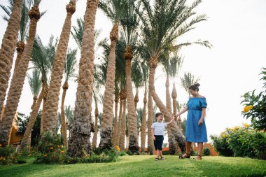 Şık bir anne ve yakışıklı bir oğul yeşil çimlerde eğleniyor. Mutlu aile kavramı. Aile hayatı olan güzel doğa manzarası. Mutlu bir aile birlikte dinleniyor. Anneler Günü