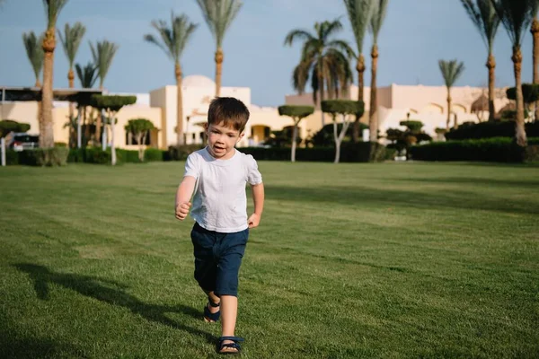 Симпатичний Хлопчик Біжить Зеленому Газоні Граючи Природі Сонячний День — стокове фото