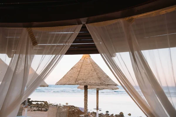Lounge Chairs Straw Umbrellas Beach Malaga Costa Del Sol Andalusia — Stock Photo, Image