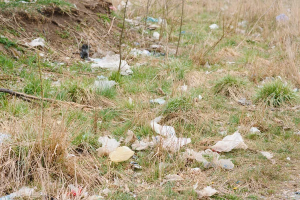 Οικολογική Ρύπανση Της Φύσης Πλαστική Τσάντα Μπλεγμένη Φυτά Φόντο Βουνά — Φωτογραφία Αρχείου