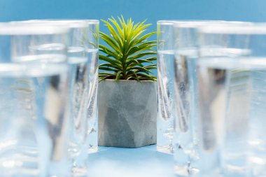 İçme suyu. Mavi zemin üzerinde taze su bardakları