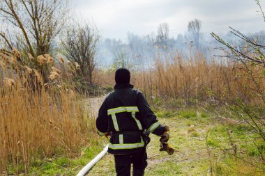 İtfaiyeci ya da itfaiyeci, orman yangını otlarını ve çalı yangınlarını söndürüyor. Voluteer 'in kontrolden çıkmış bir çim yangınıyla mücadele etmesine az kaldı..