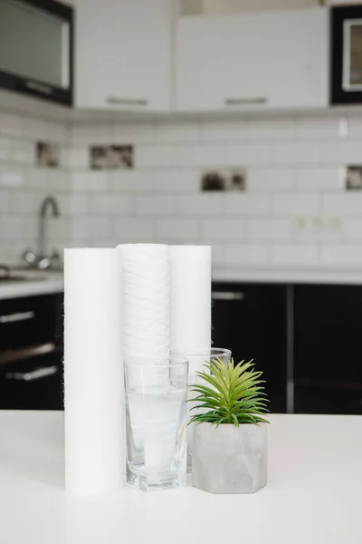 water treatment concept. kitchen water filters and clear water glasses