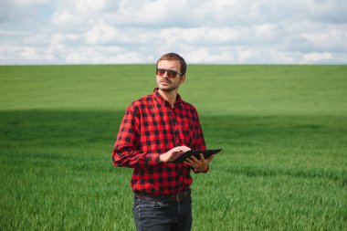 Genç buğday tarlasında elinde tabletle dikilen ve mahsulleri inceleyen çiftçinin portresi.