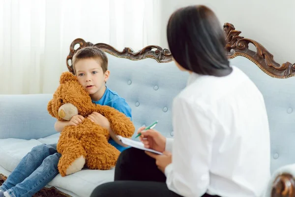 Young Female Psychologist Working Little Boy Office — Stock Photo, Image