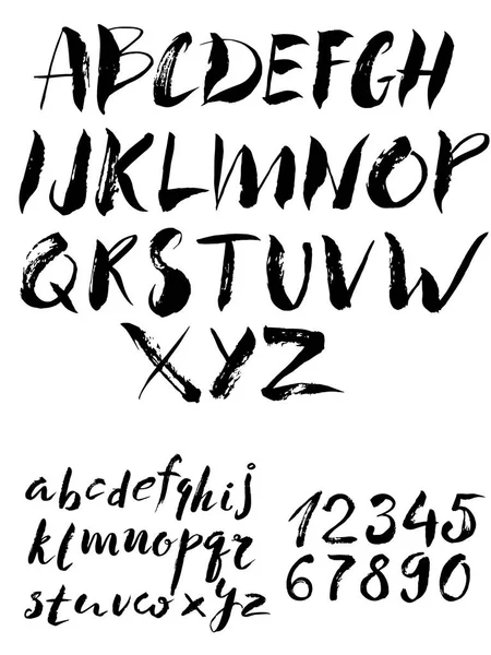 Kalligrafi alfabetet teckensnitt och siffror — Stock vektor