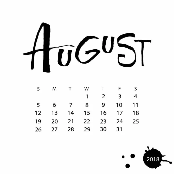 Calendário vetorial para agosto de 2018 . — Vetor de Stock