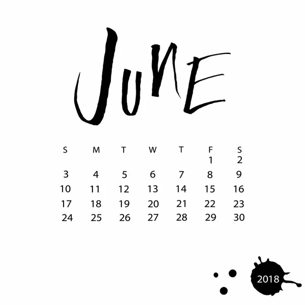 Calendario vectorial para junio de 2018 . — Archivo Imágenes Vectoriales