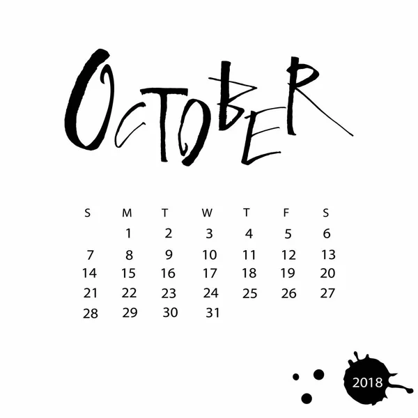 Vector kalender voor oktober 2018. — Stockvector