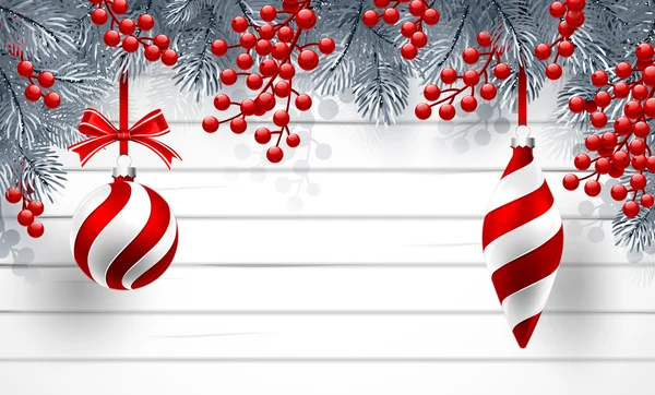 Weihnachten Hintergrund mit Tannenzweigen und roten Kugeln — Stockvektor