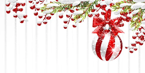 Різдвяний фон з ялиновими гілками та червоним м'ячем — стоковий вектор