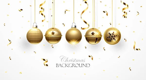 Gouden kerstballen en confetti. Vector — Stockvector