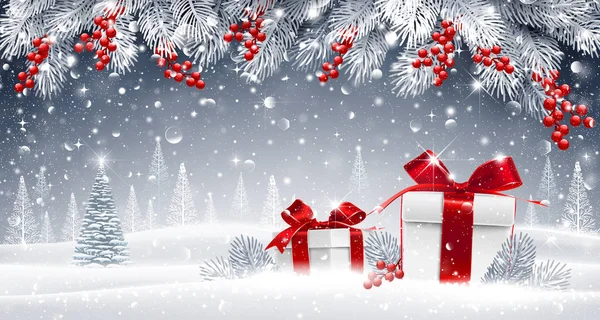 Fond d'hiver avec cadeaux — Image vectorielle