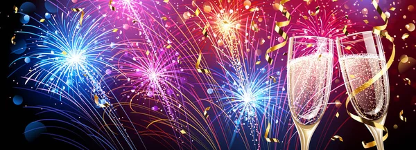Fuochi d'artificio colorati con champagne e coriandoli — Vettoriale Stock