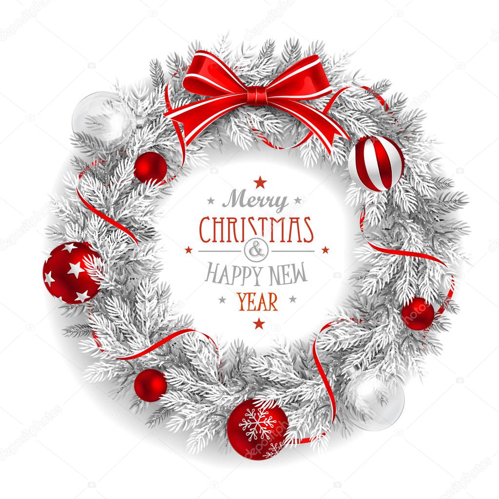 Christmas Wreath White with a red bow and balls isolated on white background. Vector illustration