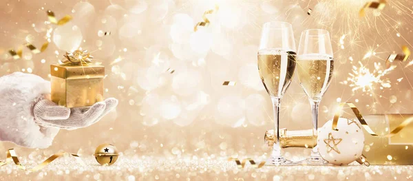 Golden Holiday Party with Champagne — Stock Photo, Image