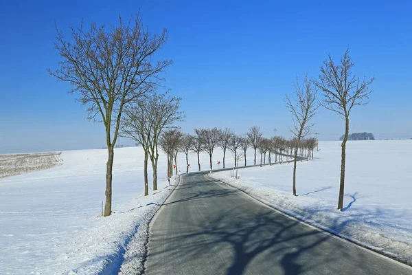 Загородная дорога в зимнем пейзаже — стоковое фото