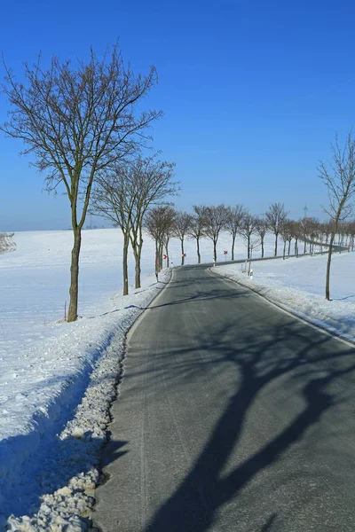 Загородная дорога в зимнем пейзаже — стоковое фото