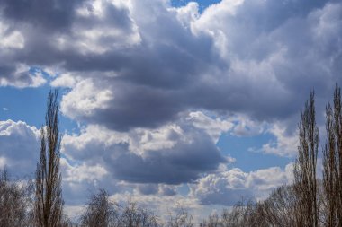 Mavi gökyüzüne karşı ilk beyaz bahar kümülüs bulutları
