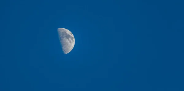 Half of the Earth\'s satellite (half of the moon) against a blue spring sky