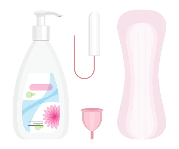 Vector set of feminine hygiene products. Menstrual cup, tampons, pads or sanitary napkins. Woman critical days. Women's means personal hygiene. Feminine hygiene natural organic products.