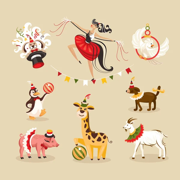 Set di animali da circo e personaggi — Vettoriale Stock