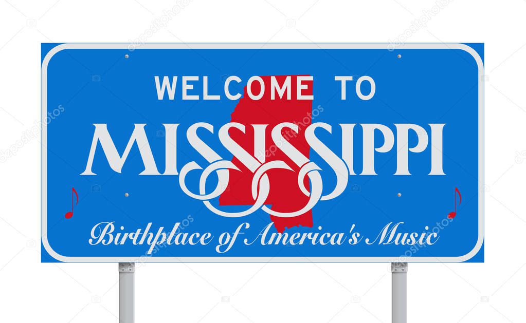 Vector illustration of the Welcome to Mississippi blue road sign