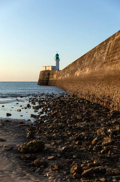 Green Lighthouse Little Jetty Les Sables Olonne Low Tide Early — Stock Photo, Image