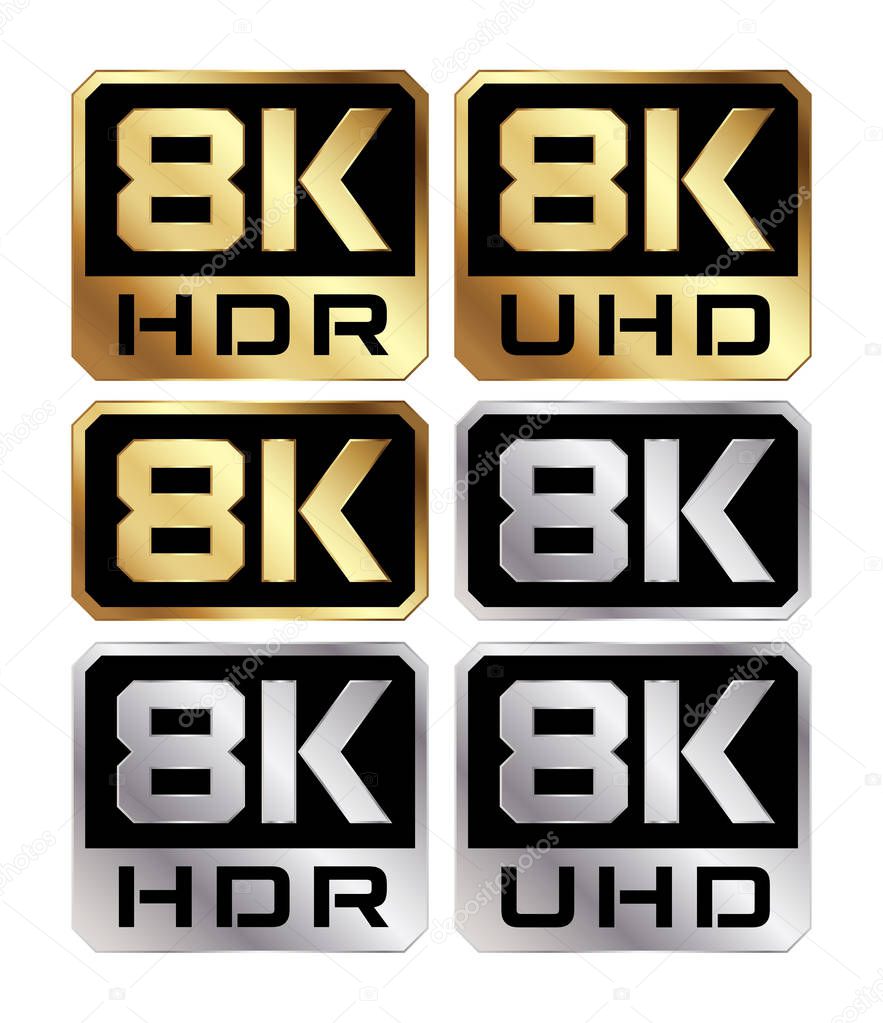 Vector illustration of 8K resolution logos in gold and silver