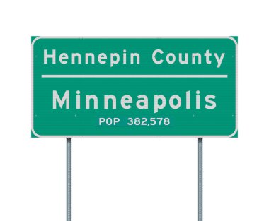 Hennepin İlçesi ve Minneapolis Şehri 'nin metalik direğin üzerindeki yeşil yol tabelasının vektör ilülasyonu