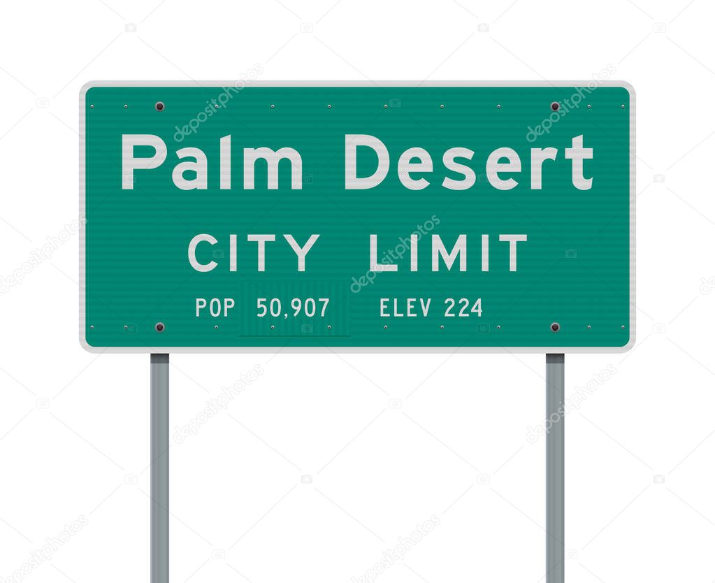Vector illustration of the Palm Desert City Limit green road sign on posts