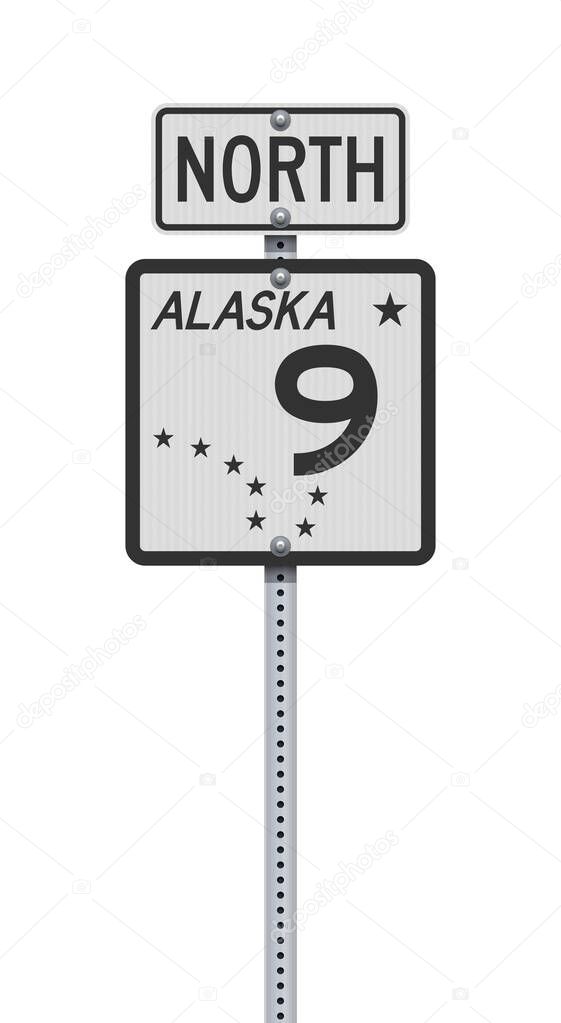 Vector illustration of the Alaska State Highway 9 and North road sign on metallic post
