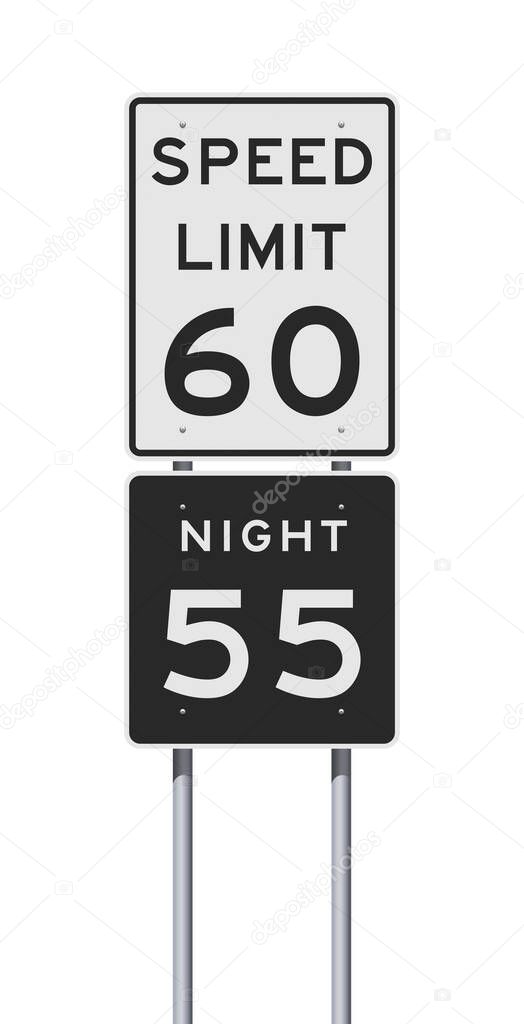 Vector illustration of the Speed Limit daytime and nighttime road signs on metallic poles