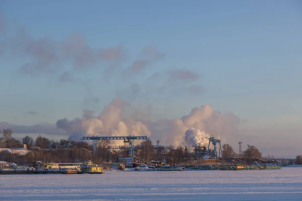 Steam Factories Frosty Winter Air Landscape Stock Image