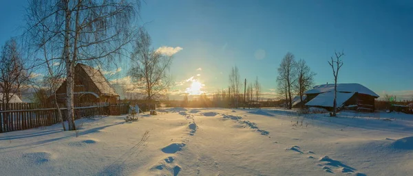 Panorama Paisagem Rural Inverno Com Nevascas Pôr Sol — Fotografia de Stock