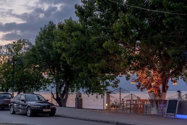 Krásná Pláž Restaurace Řecku Večerních Hodinách — Stock fotografie