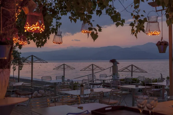 Beau Restaurant Bord Mer Grèce Soir — Photo